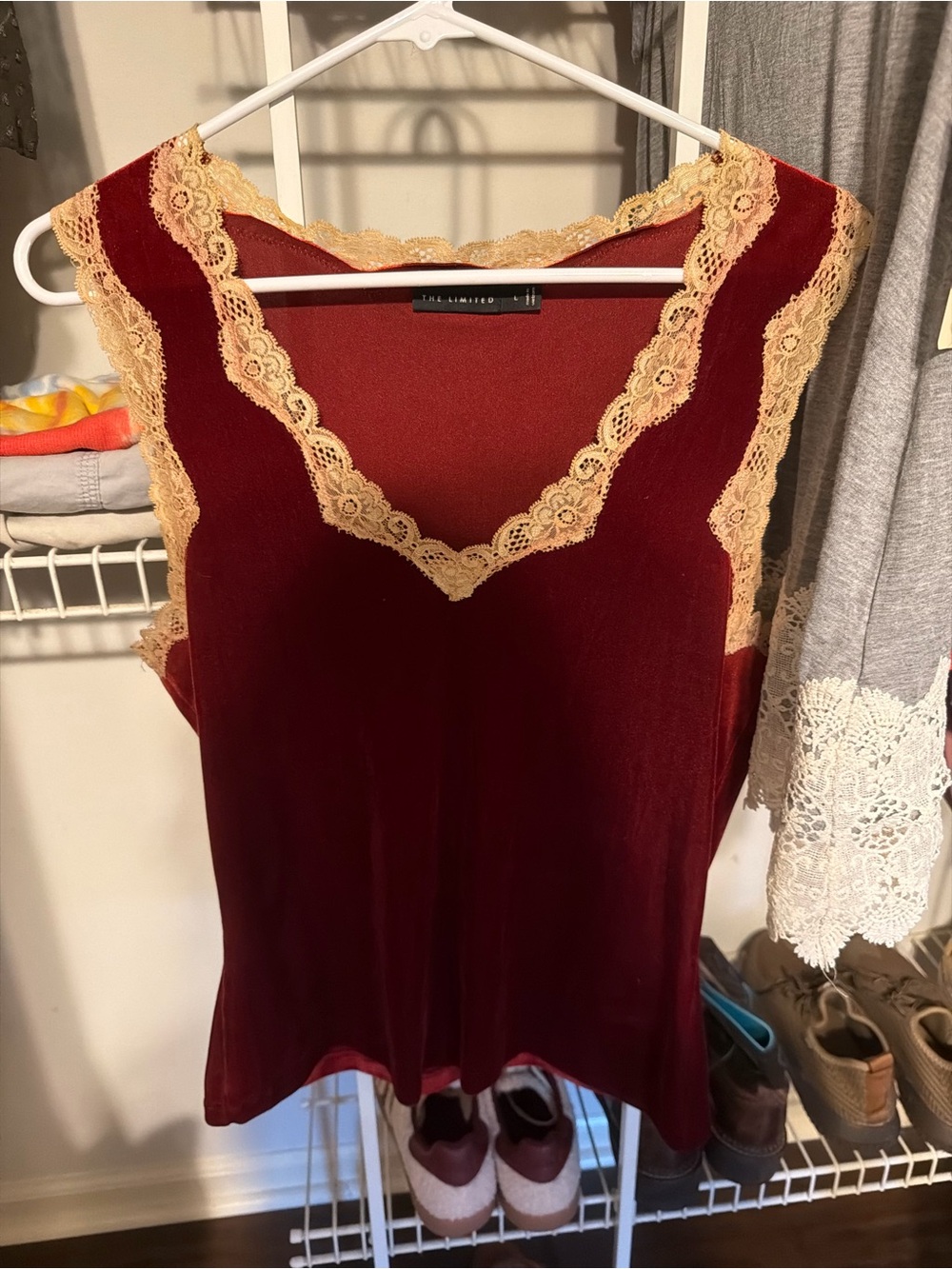 The Limited Burgundy Tank with Cream Lace Trim